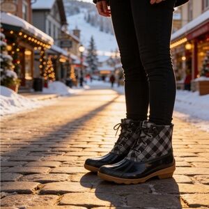 Sperry Syren Gulf Wool Buffalo Check Rain Duck Boot Black Mult 7 NIB
